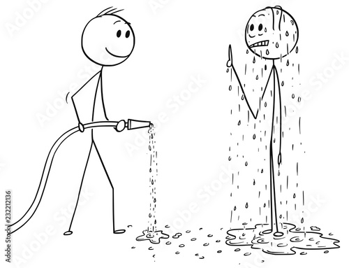Cartoon stick drawing conceptual illustration of surprised wet or drenched man and another man holding water hose.