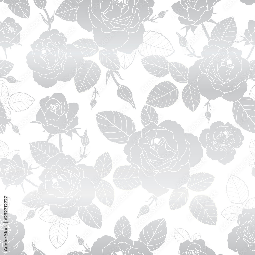 Silver roses vector repeat seamless pattern. Great for spring and summer wallpaper, backgrounds, invitations, packaging design projects. Surface pattern design. Silver roses vector repeat seamless pattern. Great for spring and summer wallpaper, backgrounds, invitations, packaging design projects. Surface pattern design.