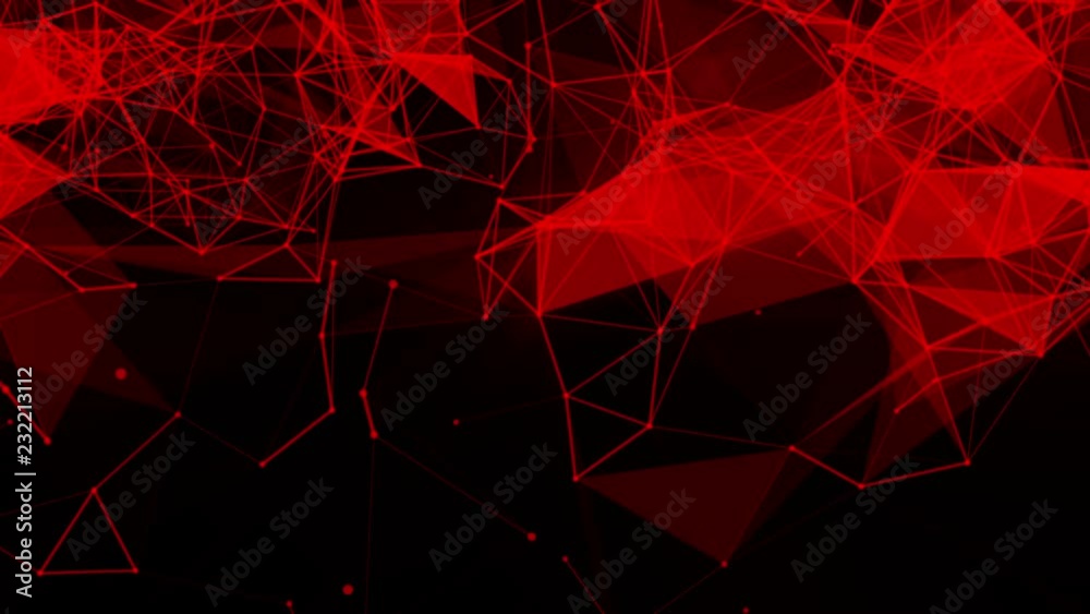 red particles and triangles fly slowly against a black background. 3d rendering