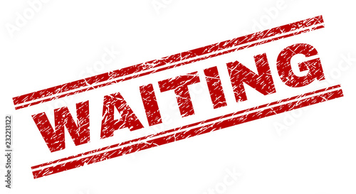 WAITING seal print with distress texture. Red vector rubber print of WAITING tag with retro texture. Text tag is placed between double parallel lines.