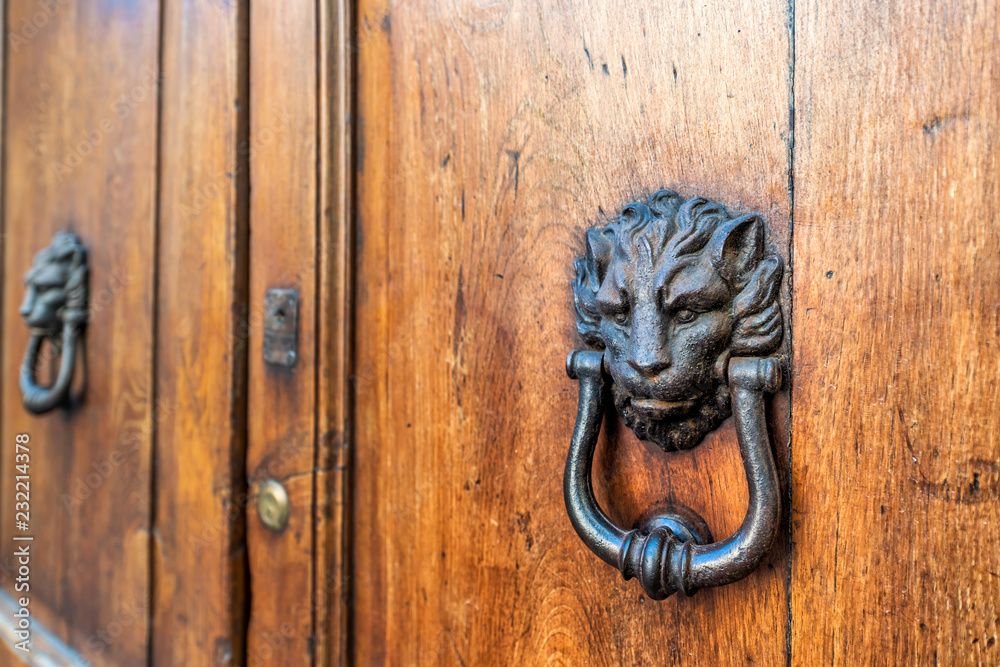 Two door lion head knockers, knobs with handles on wooden, brown door entrance of old, antique, medieval building in Perugia, Italy, Italian city Two door lion head knockers, knobs with handles on wooden, brown door entrance of old, antique, medieval building in Perugia, Italy, Italian city