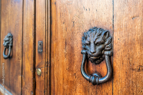 Two door lion head knockers, knobs with handles on wooden, brown door entrance of old, antique, medieval building in Perugia, Italy, Italian city