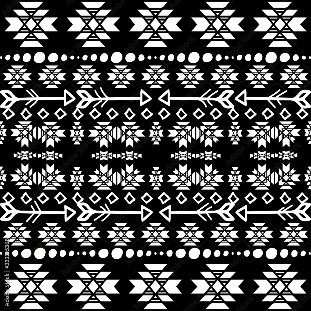 Tribal apache vector seamless border pattern. Black and white ornamental ethnic background. Tribe ornament with doodle hand drawn arrows, circles, rhombus, shapes, borders. Decorative aztec design Tribal apache vector seamless border pattern. Black and white ornamental ethnic background. Tribe ornament with doodle hand drawn arrows, circles, rhombus, shapes, borders. Decorative aztec design