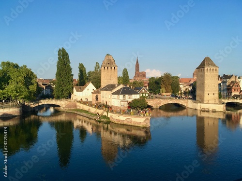 The City of Strasbourg from the lake of the city on a blue sky summer day, France