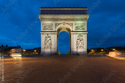 Arc de Triomphe and Champs Elysees, Landmarks in center of Paris, at night. Paris, France