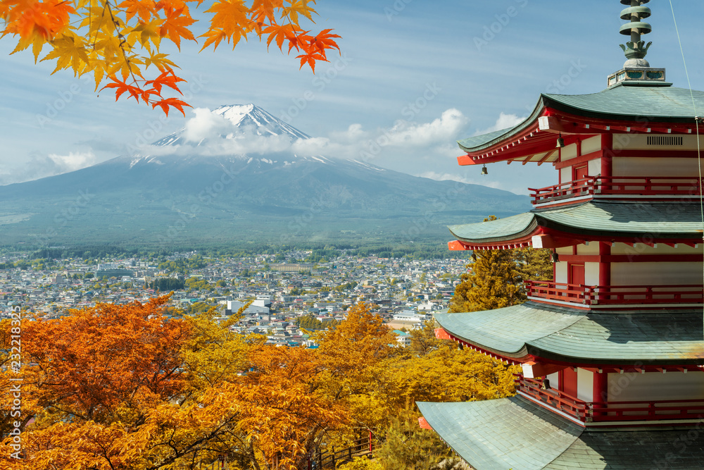 Mt. Fuji and red pagoda with autumn colors in  Japan,  Japan autumn season..