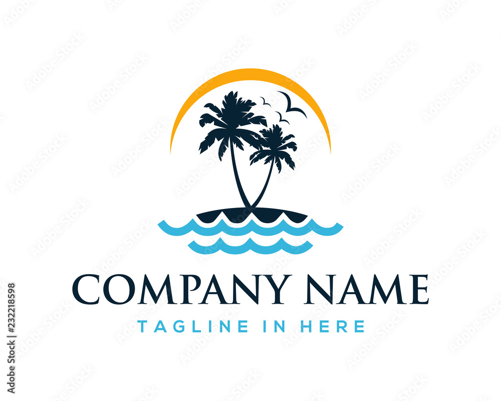 Vector Beautiful Sunset and Sunrise on the Waves of the Beach with palm trees and Flying Birds Sign Symbol Icon Traveling or Holiday Company Logo Template Design Inspiration