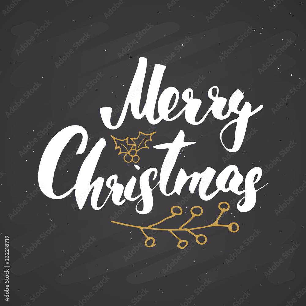 Merry Christmas Calligraphic Lettering. Typographic Greetings Design. Calligraphy Lettering for Holiday Greeting. Hand Drawn Lettering Text Vector illustration on chalkboard background