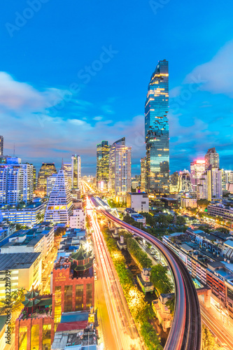 Photography City view of skyscrapers with sky train station in Bangkok city of Thailand
