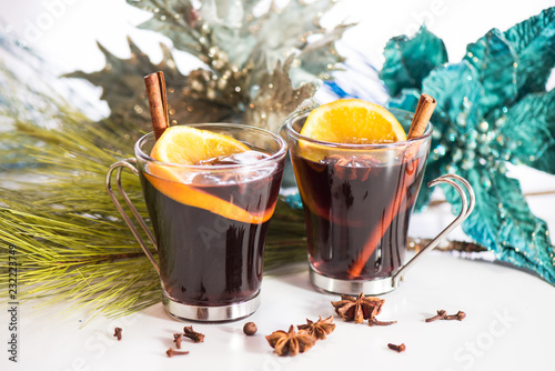 Two mugs of hot mulled red wine