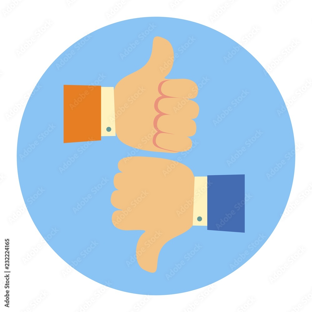Like and dislike hands. Vector flat cartoon illustration Like and dislike hands. Vector flat cartoon illustration