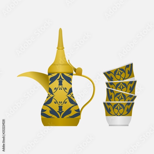 Isolated Side View Arabian Dallah Coffee Pot and Finjan Cups Stack Vector Illustration With Turkish Tulip Pattern for Middle Eastern Culture Tradition Cafe and Islamic Moments Design