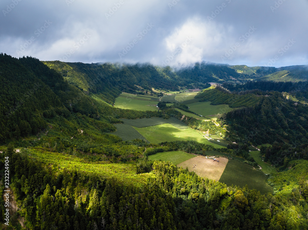 Top view of green fields of San Miguel island, Azores, Portugal.