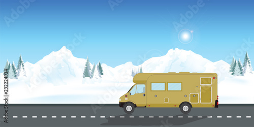 Caravan car vacation in winter holiday trip