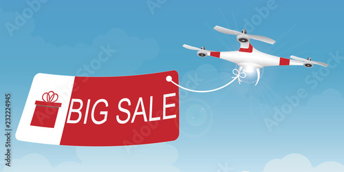 Delivery drone carrying a shopping sale advertisement banner.