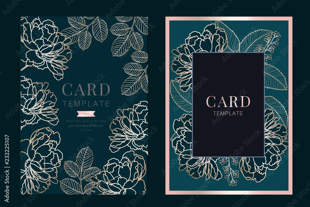 Dark green blue Wedding Invitation, floral invite thank you, rsvp modern card Design in golden peony with berry and leaf greenery  branches decorative Vector elegant rustic template