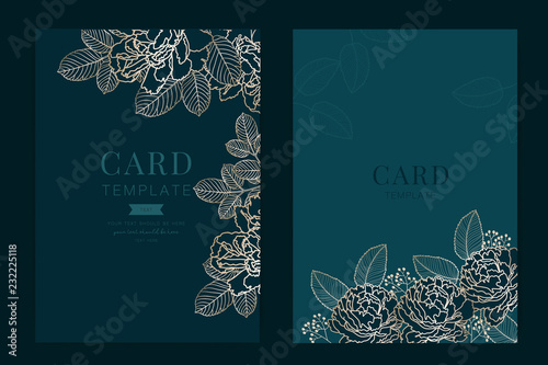 Dark green blue Wedding Invitation, floral invite thank you, rsvp modern card Design in golden peony with berry and leaf greenery  branches decorative Vector elegant rustic template
