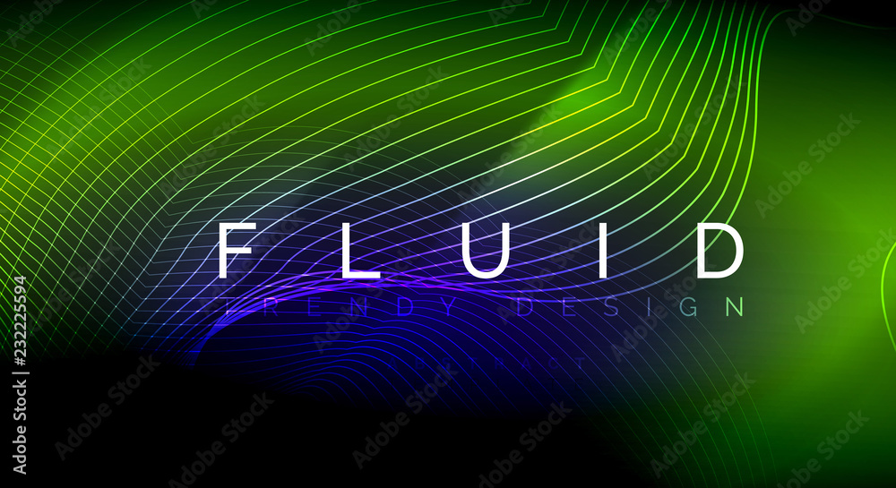 Neon glowing fluid wave lines, magic energy space light concept, abstract background wallpaper design, ripple texture illustration