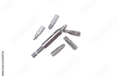 Drill bits of different sizes isolated on white background