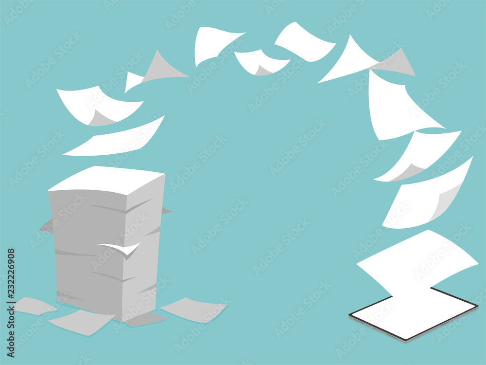 concept idea of stack white paperless go green fly into new tablet pro, save the planet, documents turned into digital big data, business device, tablet screen display, future technology, flat vector.