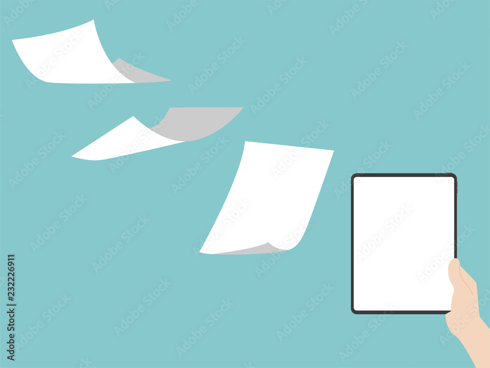 concept idea of white paperless go green fly into new tablet pro, save the planet, documents turned into digital big data, business device, tablet, screen display, future technology, flat vector.