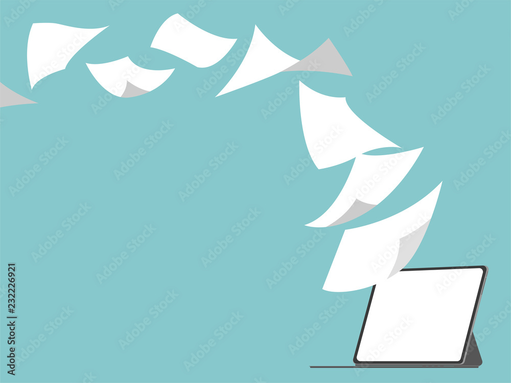 concept idea of white paperless go green fly into new tablet pro, save the planet, documents turned into digital big data, business device, tablet, screen display, future technology, flat vector.