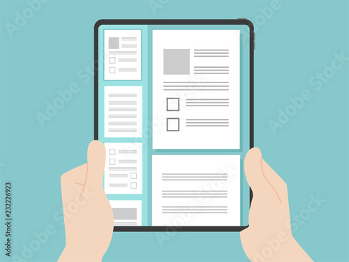 concept idea of white paperless go green, hand catch new tablet pro, save the planet, read documents, business device, tablet, screen display, future technology, flat vector.