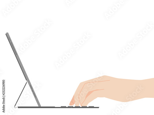 Hand typing on new powerful tablet new design advance technology with high resolution display, liquid retina display, business device, tablet, screen, future technology, flat vector.