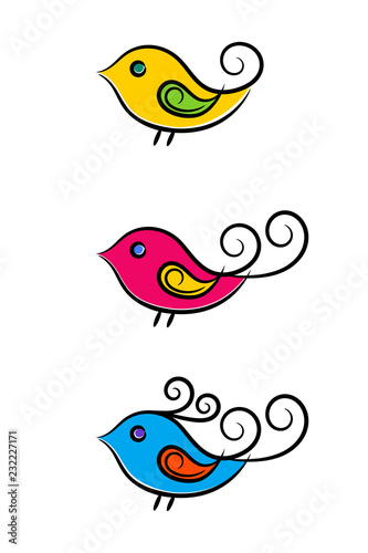 Contour colourful birds set, isolated vector