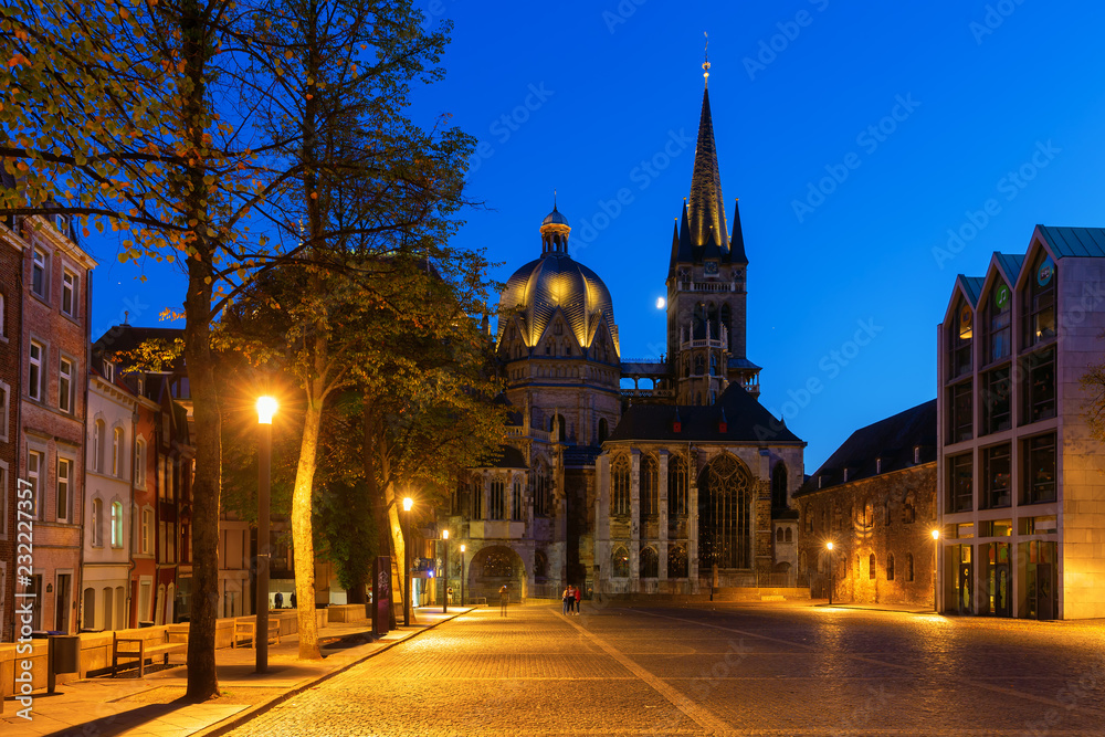 famous Aachen Cathedral in Aachen, Germany, at night