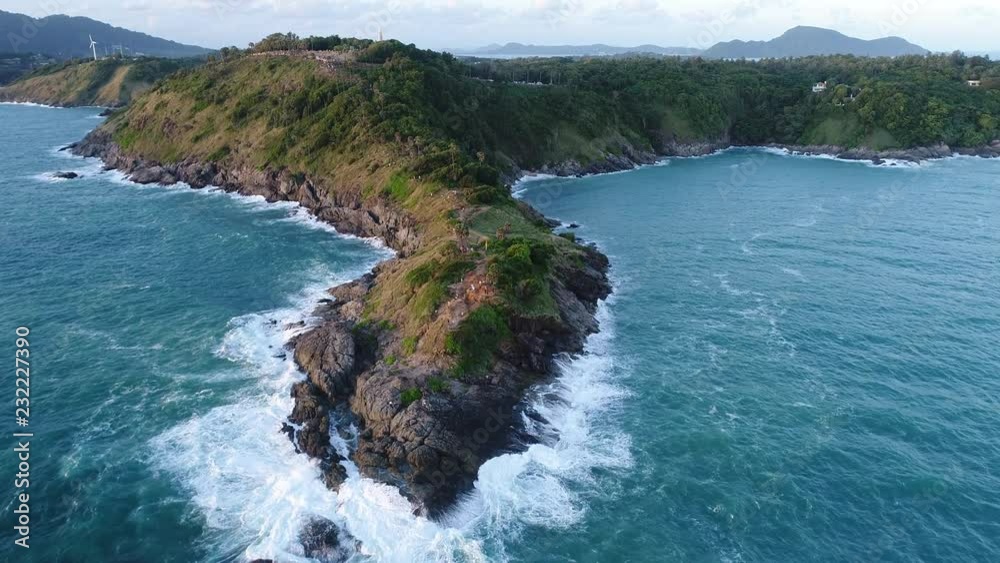 Aerial view drone of Promthep Cape in Phuket Thailand , Promthep Cape is very famous tourist destination in Phuket.