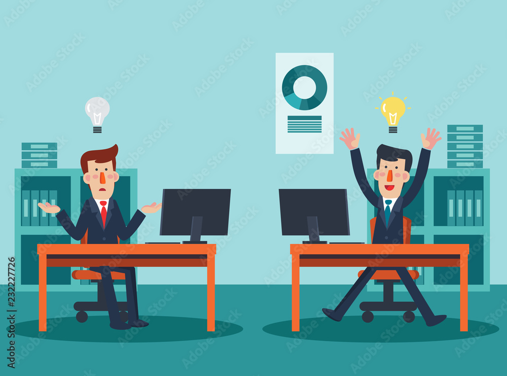 Businessmen working in office at computer. Concept of business competition Businessmen working in office at computer. Concept of business competition