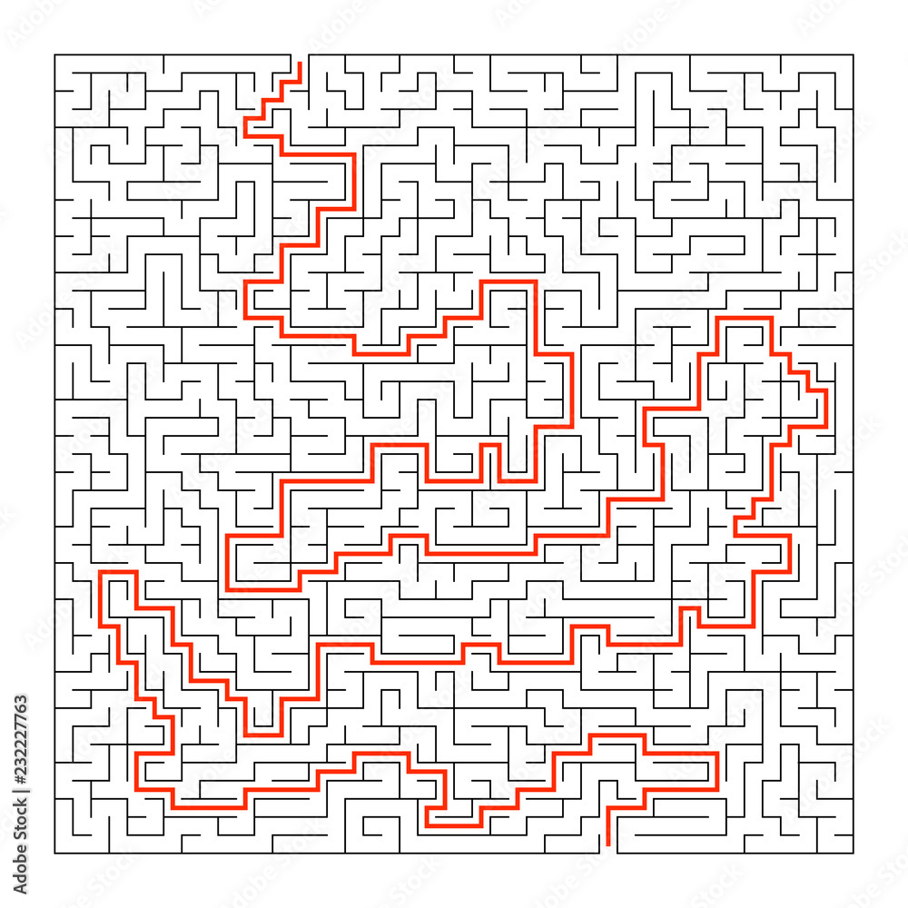 Difficult square maze. Game for kids. Puzzle for children and adult. One entrance, one exit. Labyrinth conundrum. Flat vector illustration isolated on white background. With answer.