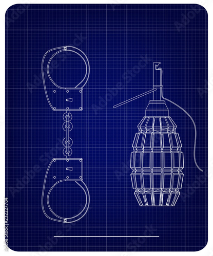 3d model of grenades and handcuffs on a blue