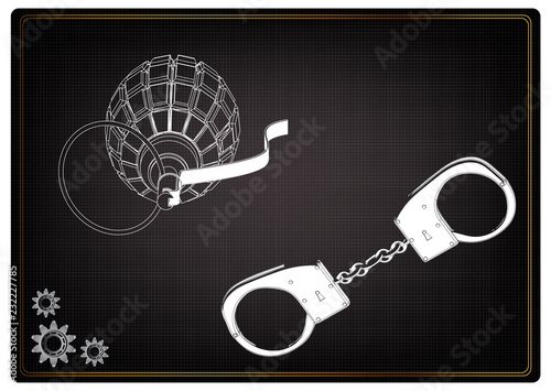 3d model of grenades and handcuffs on a black