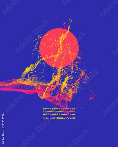 Point explode. Array with dynamic emitted particles. 3d technology style. Abstract background. Vector illustration.
