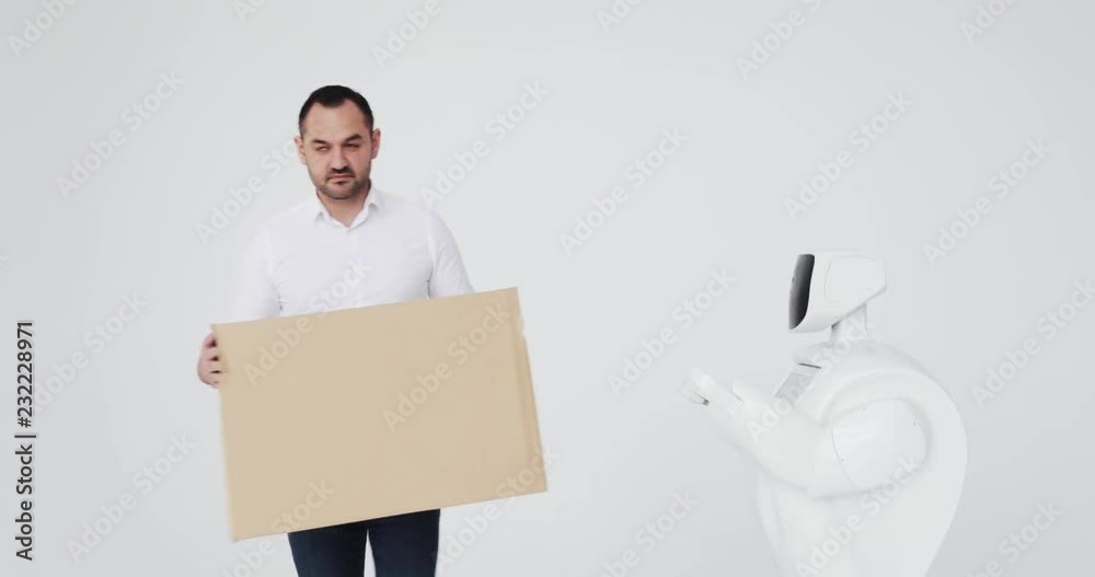 the robot delivers the package box. Cybernetic system today. Modern Robotic Technologies. Humanoid autonomous robot. the robot delivers the package box. Cybernetic system today. Modern Robotic Technologies. Humanoid autonomous robot.