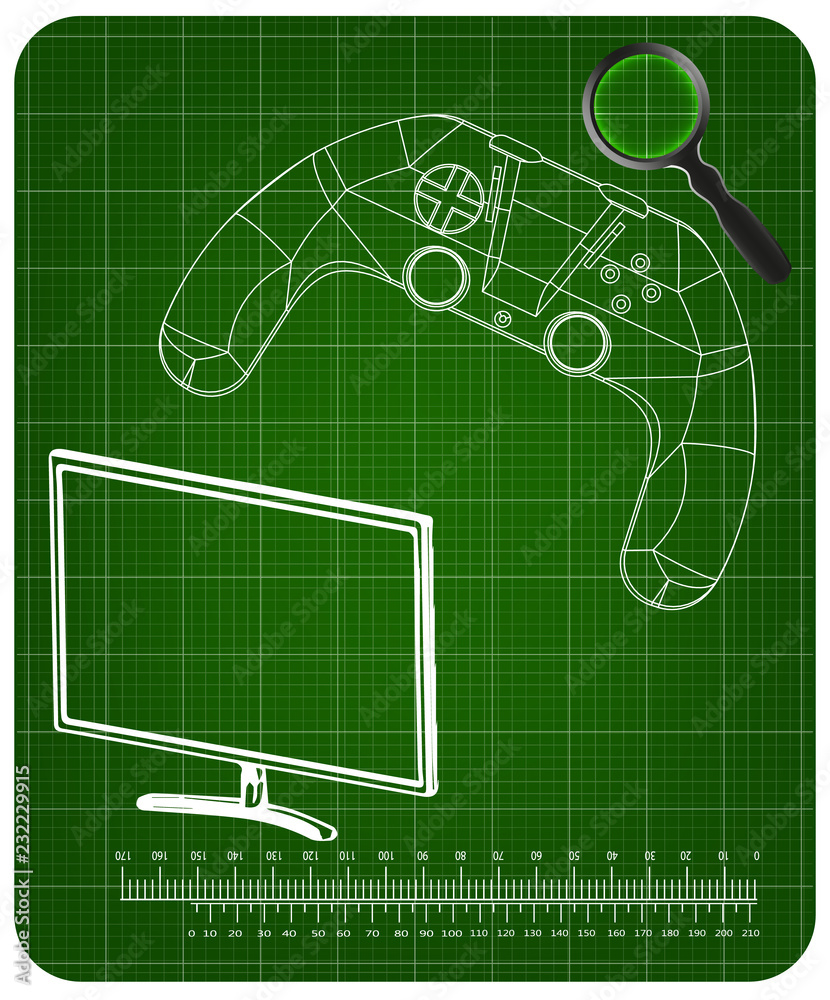 3d model of joystick and monitor on a green 3d model of joystick and monitor on a green
