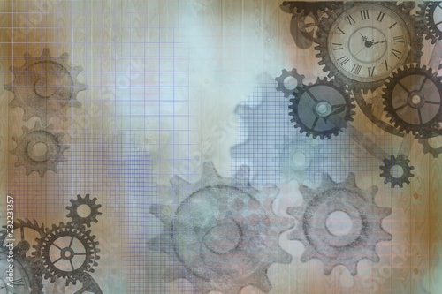 industrial abstract steampunk gears on grunge effect background, cogs wheels and clock parts photo