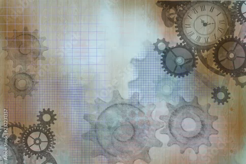 Obraz industrial abstract steampunk gears on grunge effect background, cogs wheels and clock parts