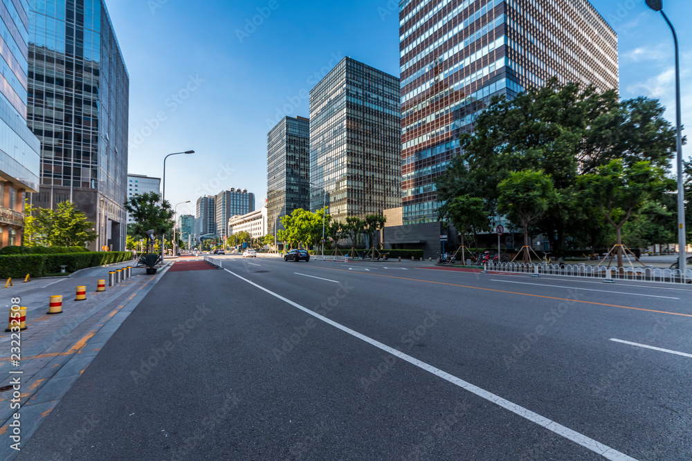 Panoramic skyline and modern business office buildings with empty road,empty concrete square floor