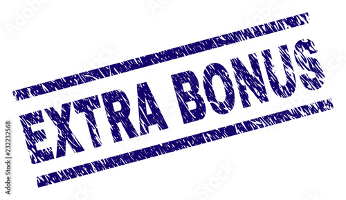 EXTRA BONUS seal print with grunge style. Blue vector rubber print of EXTRA BONUS title with grunge texture. Text label is placed between parallel lines.