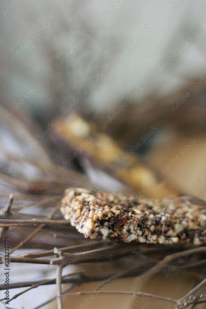 Granola bar on tree branch Granola bar on tree branch