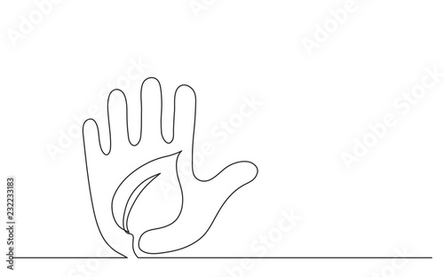 continuous line concept sketch drawing of human hand protecting green plant