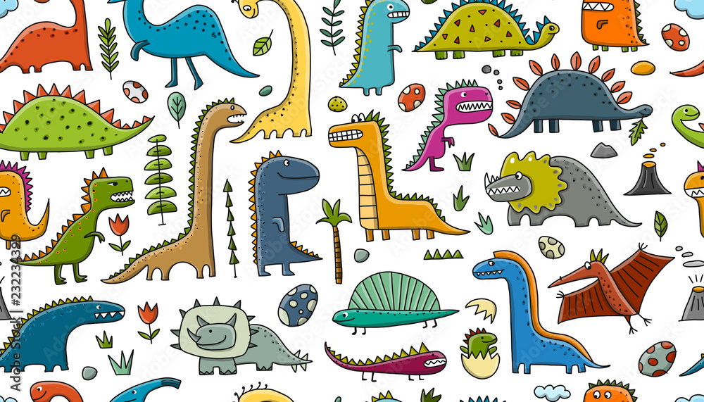 Naklejka premium Funny dinosaurs, childish style. Seamless pattern for your design