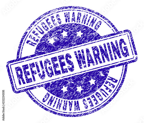 REFUGEES WARNING stamp seal watermark with grunge texture. Designed with rounded rectangles and circles. Blue vector rubber print of REFUGEES WARNING tag with grunge texture.