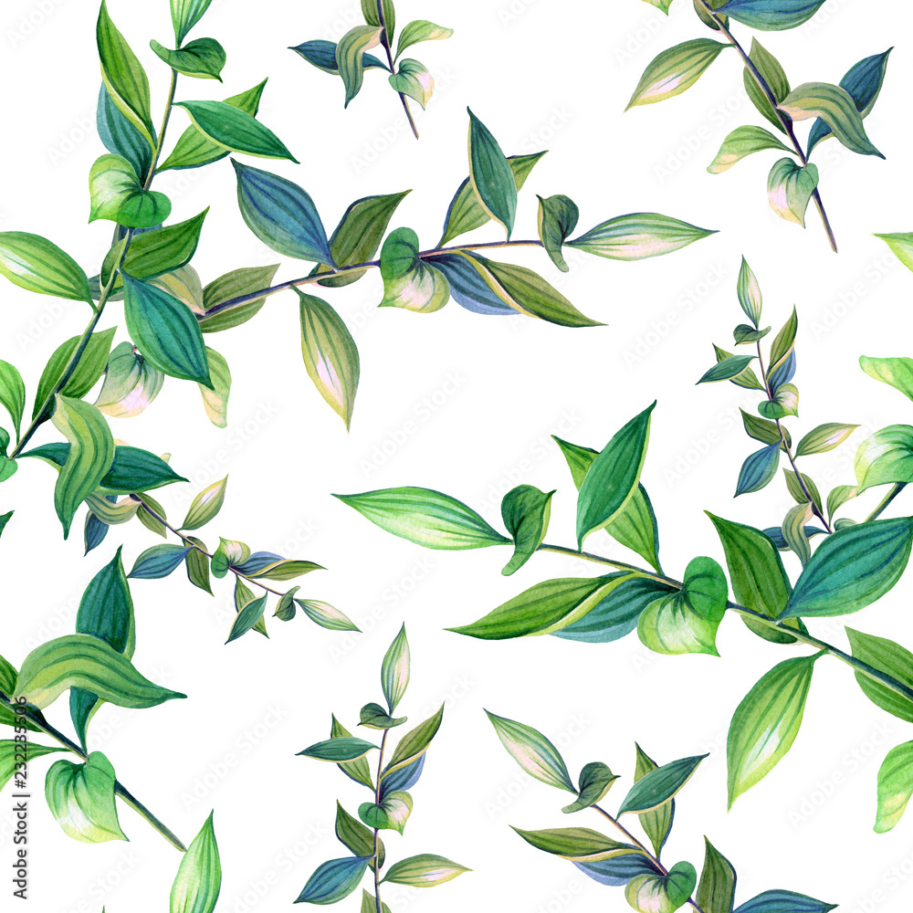 Fototapeta premium Green twig in realistic style on white background.Seamless pattern.