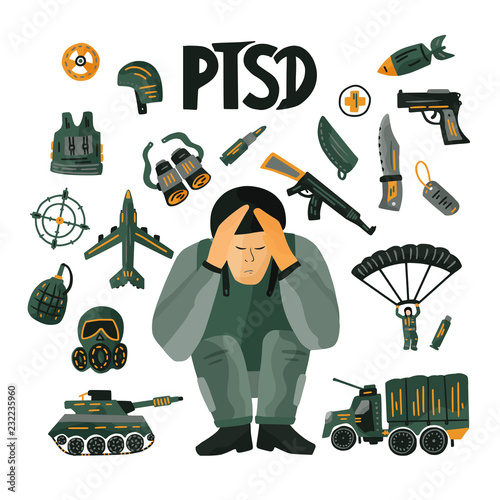 PTSD. Post traumatic stress disorder vector illustration.