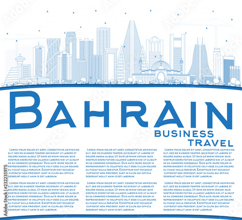 Outline Bahrain City Skyline with Blue Buildings and Copy Space.