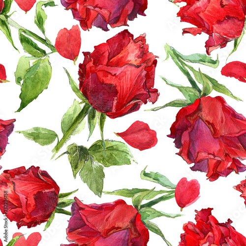 Red roses seamless pattern. watercolor flowers illustration. Love. Valentine day background.